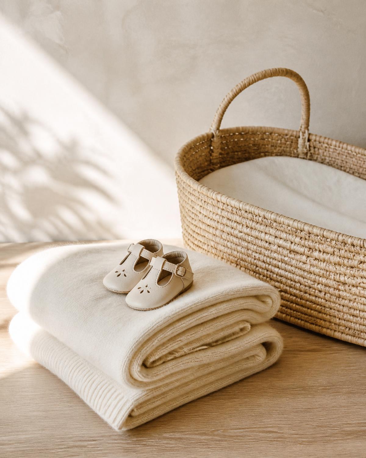 Neutral baby knitwear and small ivory shoes