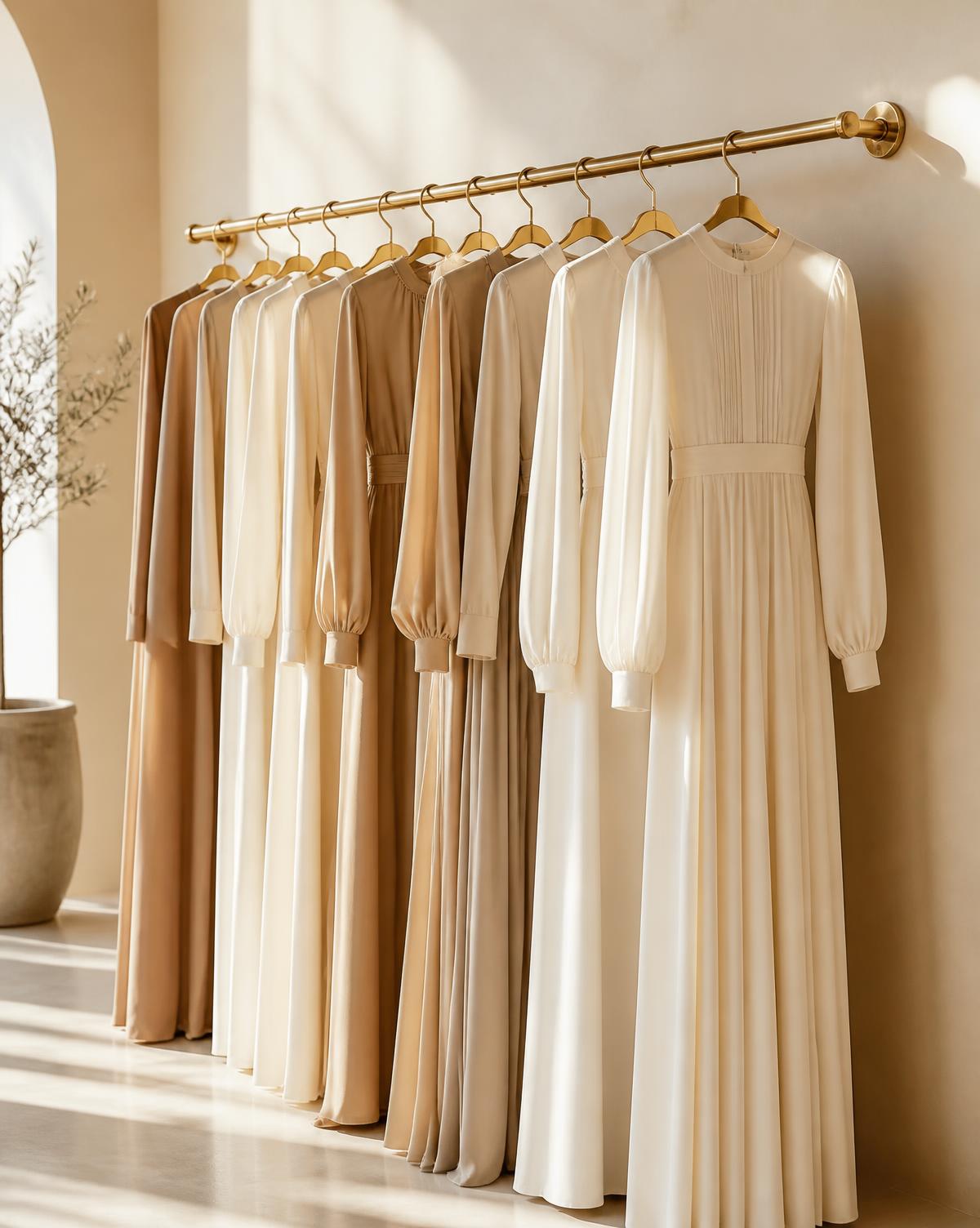 Cream and camel long-sleeve dresses on a brass rail