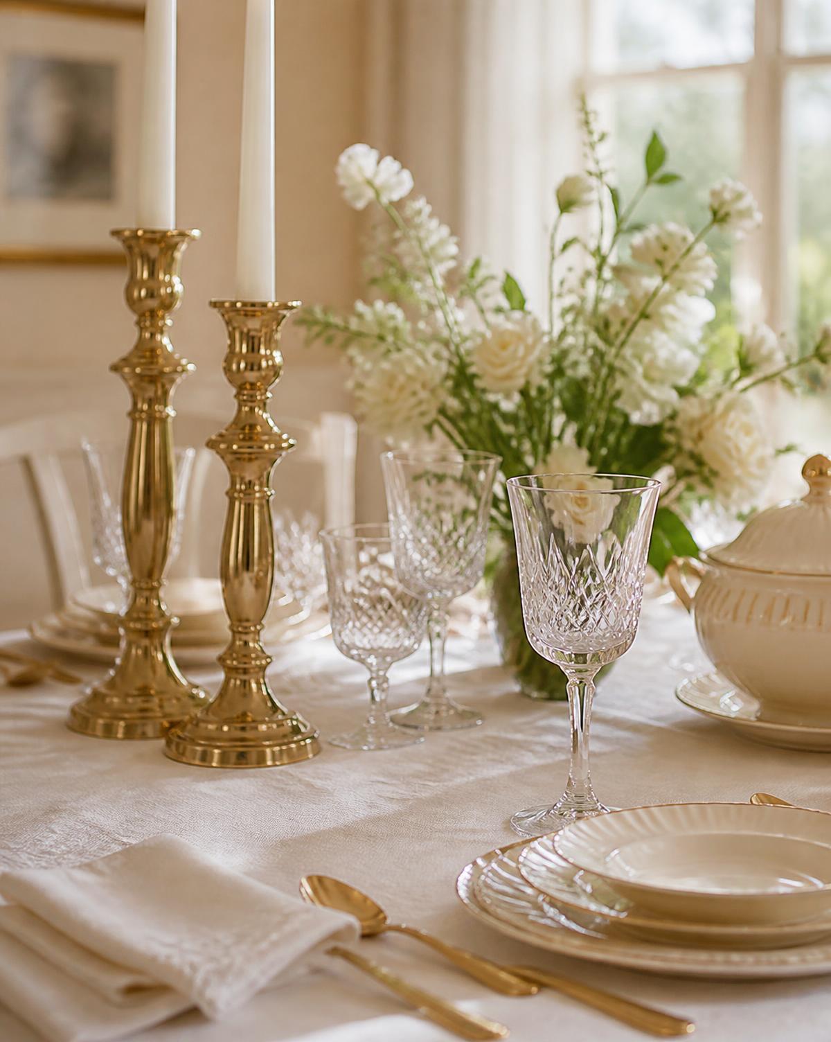 Ivory linen table setting with brass candlesticks