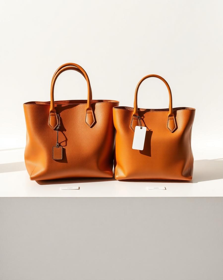 Two tan leather handbags displayed side by side