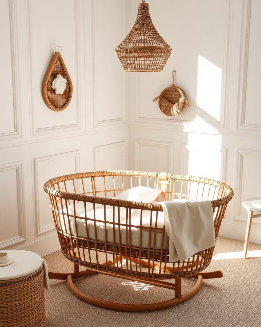 An empty woven bassinet in a sunlit ivory nursery