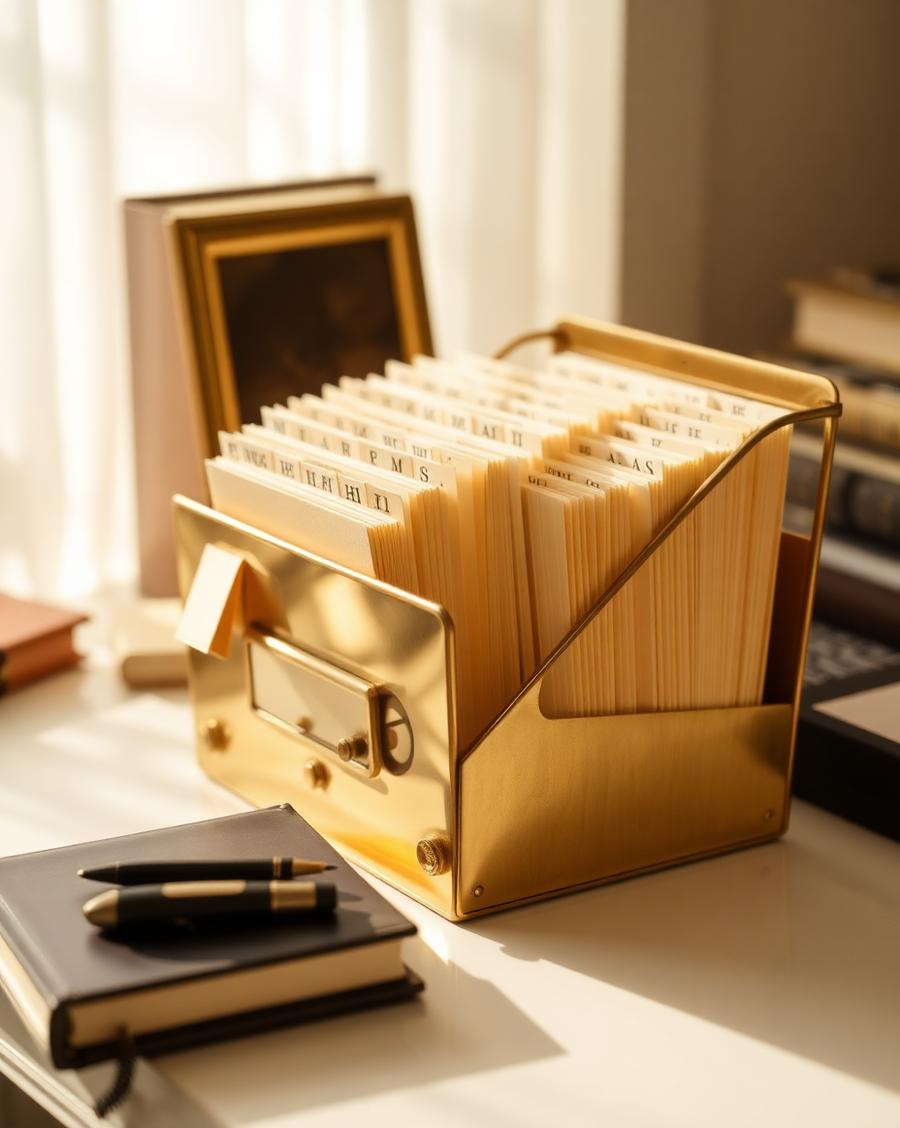 A brass card file filled with cream index cards