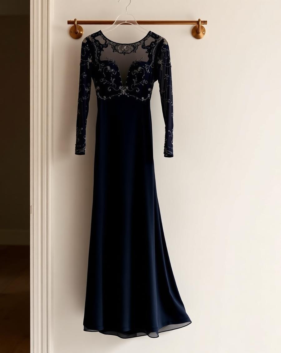 A long-sleeve beaded evening gown hanging on a brass rail