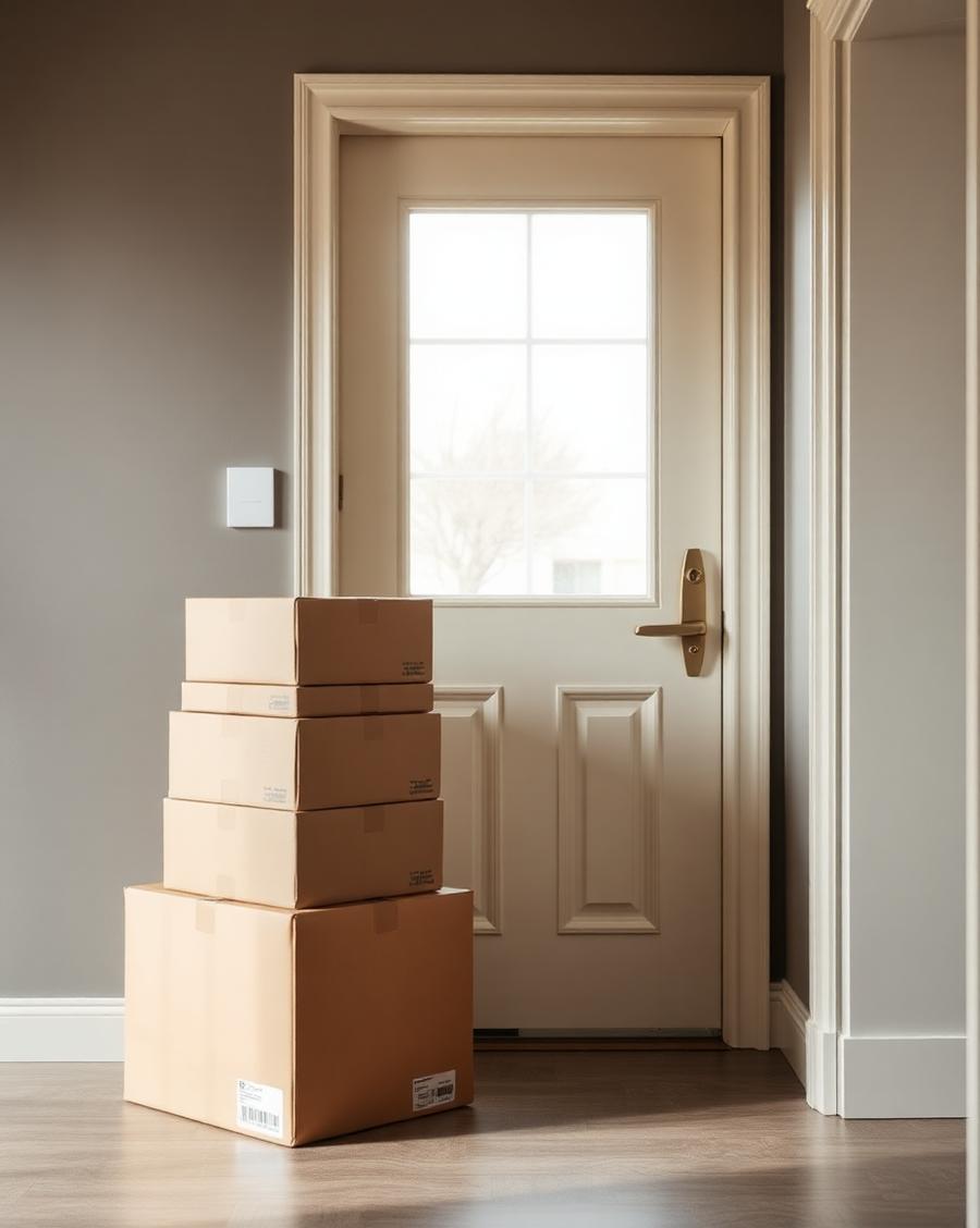 A stack of unopened delivery boxes beside a front door